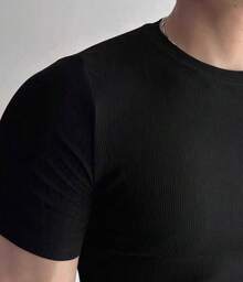 Men's Gray Slim Fit Ribbed Short-Sleeve T-Shirt For Gym And Casual Wear - 黑色 - 查看 2