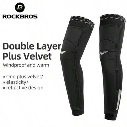 ROCKBROS 1 Pair Windproof Thermal Lined Thermal Leg Warmers, Double-Layered Integrated Lining, Stretchy Non-Constricting Fit, Wide Anti-Slip Band With Built-In Strip, Night Reflective Design, Skin-Friendly Form-Fitting For Outdoor Sports