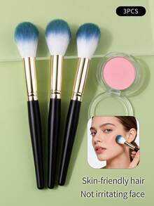 3pcs High-Quality Blue & White Tie Dye Flame Shaped Blush, Highlighter, Powder Makeup Brushes, Soft & Fluffy Makeup Brush Set - Black - View 9