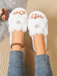 Women's Heart Rhinestone Plush Slippers, Comfortable Lightweight Indoor/Outdoor Versatile Soft Plush Slippers - Heart-shaped Open Slippers - View 9