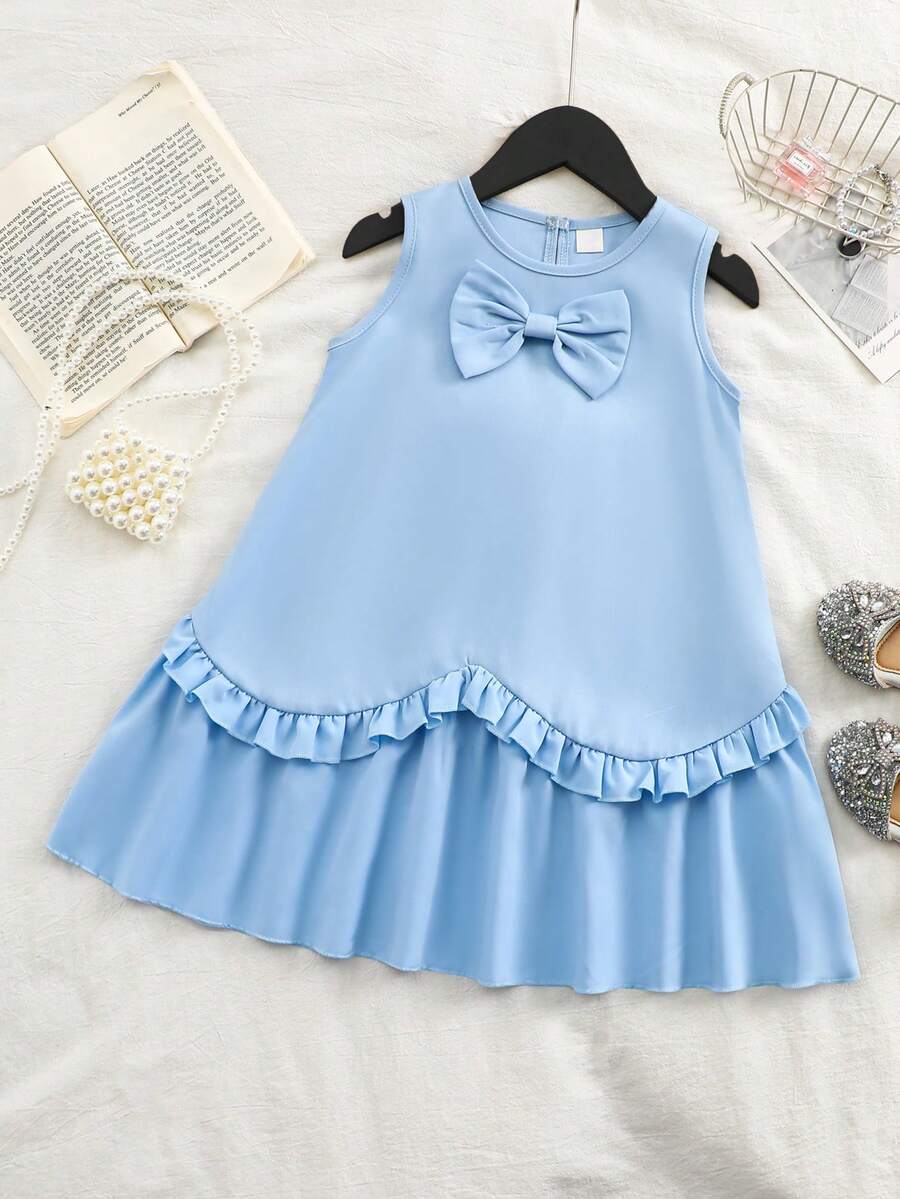 Summer Little Girl Fresh Light Blue Sleeveless Dress With Bowknot, Ruffled Hem, Sweet Princess Style - Baby Blue - View 1