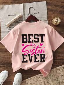 Young Girl Casual Graphic Print Crew Neck Short Sleeve T-Shirt, Summer Top - Pink - View 1