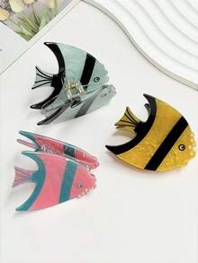 1件装女士甜美可爱仿珍珠海洋元素仿条纹鱼发夹，粉色、黄色、蓝色可选，马尾发髻发型配饰，适合海滩度假、日常出行，优雅可爱 - 彩色 - 查看 4