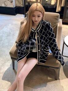 假日时尚奢华风格金色纽扣针织开衫高端夹克，秋季上衣 - 黑色 - 查看 4