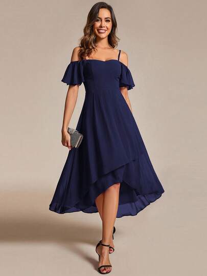 Solid Color Off-Shoulder Bridesmaid Dress With High-Low Hem, Elegant And Graceful
