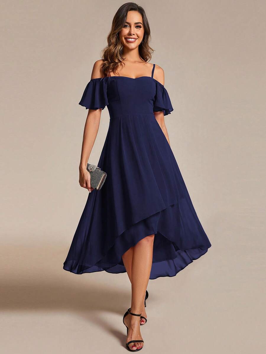 EVERPRETTY Vestido de dama de honor con hombros descubiertos y bajo asimétrico en unicolor, elegante y grácil para bodas de primavera - Azul Marino - Ver 1