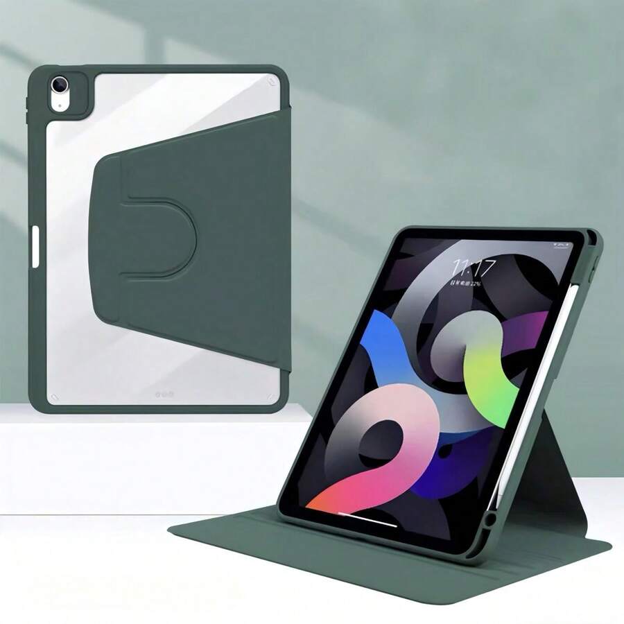 TenYide Rotating Protective Case For Tablet, Multi-Angle Folding Stand, Shock/Drop/Dust Proof, Compatible With Ipad/ Galaxy Tab/ MatePad/Honor Pad/ Tab/ Pad/Redmi Pad Series, Built-In Stylus Holder, 360° Rotating Protective Stand, Transparent Back Cover, Auto Wake/Sleep Function - Dark Green - View 1