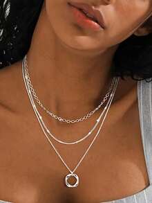 Disc Decor Layered Chain Necklace - 銀色 - 查看 4