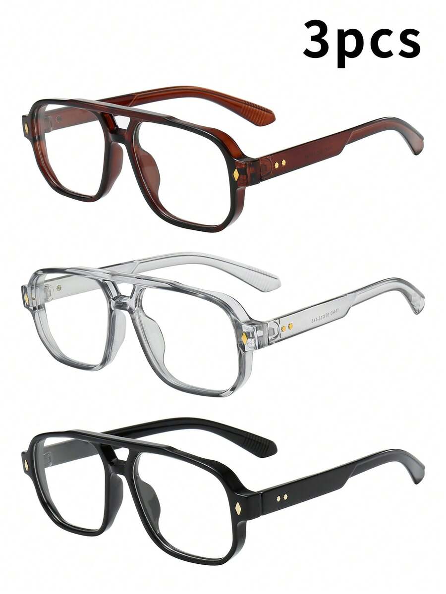 3pcs Men's Double-Bridge Retro Square Glasses, Stylish & Minimalist Fashion Decorative Glasses - 3-piece Combo Pack (10 Tea, 10 Black, 10 Gray) - View 1