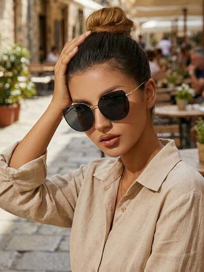 1 par de gafas de mujer con lentes tintados metálicos y montura redonda oversize, de estilo callejero popular, diseño elegante y vintage, para conducir, viajar, salidas familiares, actividades al aire libre, pesca, fotografía callejera y uso casual de negocios, un accesorio de moda para mujer