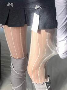 1 Pair Vertical Striped Sheer Pantyhose, Sexy Black Stockings, Summer Thin Leg Flattering White Tights - Multicolor - View 6