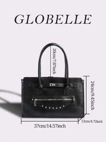 GLOBELLE黑色亮面双提手手提包，配银色五金配件。这款时尚的黑色人造革托特包采用挺括的包型设计，配有双提手和抛光银色饰件（锁扣、拉链口袋、铆钉镶嵌）。女士托特包。宽敞的主隔层和前置拉链小袋，非常适合日常使用。经典的设计融合了优雅与实用性，是工作、外出办事或休闲出行的理想之选。 - 黑色 - 查看 12