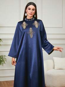 Women's Elegant Festival Long V-Neck Kaftan Robe/Jalabiya With Beaded And Embroidered Decor, Suitable For Home, Banquet, Wedding And Other Important Occasions Spring - Navy Blue - View 3