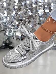 女士亮片圆头平底百搭时尚休闲运动鞋，橡胶鞋底防滑耐磨轻便板鞋，新款春秋韩版平底鞋，日常百搭香槟银色休闲鞋 - 銀色 - 查看 3