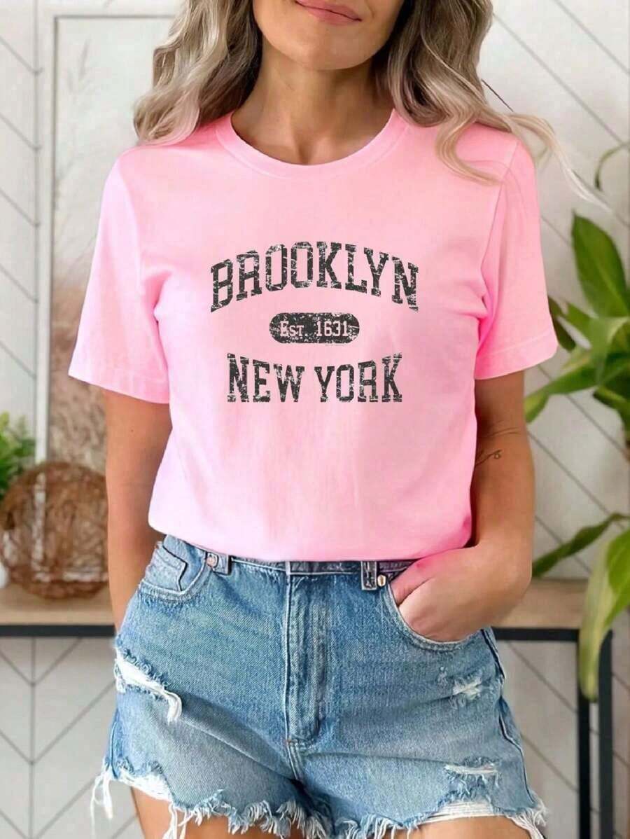 Women's Basic NY T-Shirt Premium Cotton Knit - 淺粉色 - 查看 1