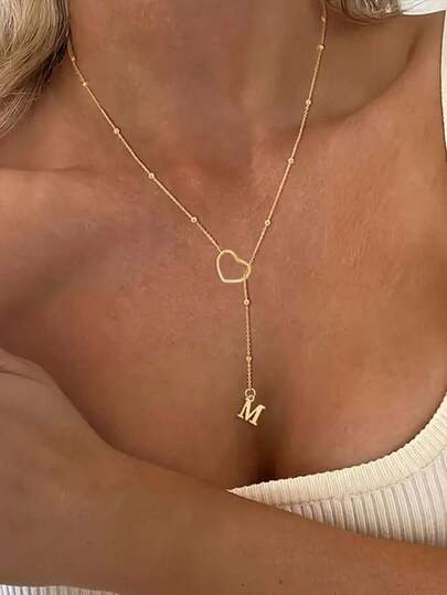 1 件 18K 镀金不锈钢“优雅”心形吊坠项链，简约 26 个英文字母项链，适合女士，妈妈礼物（建议在脖子上绕两圈，防止容易脱落）