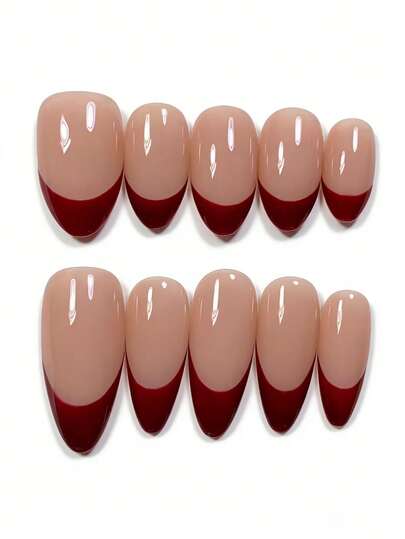 10pcs Pure Handmade Press On Nails Medium/Long Nails Almond Nails With A Transparent Nude Base Color And A Rich Wine Red Pointed French Edge, It Is Retro Yet Elegant, A Timeless And Stylish Style.Gentle Elegant Cute Nails For Ladies And Girls Spring Summer Fall Winter Festivals Parties And Daily Life Use
