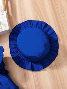 Vestido de niña estilo casual de hadas de color azul marino sólido + sombrero, vestido de vacaciones imprescindible para niñas en verano, diseño de cintura alta versátil y elegante, adecuado para reuniones familiares, fiestas de cumpleaños, vacaciones en la playa, fresco y sencillo, viene con un lindo sombrero a juego para añadir dulzura, fácil de tomar fotos de vacaciones elegantes. Adecuado para niñas de 4 a 7 años, primavera/verano. - Azul - Ver 3