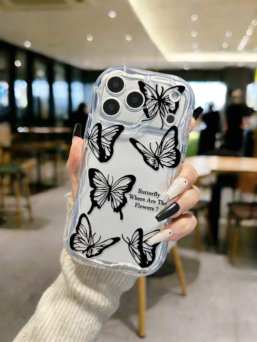 Cream Wavy Butterfly Painted Anti-Drop Phone Case Compatible With IPhone, Galaxy, Redmi - Multicolor - View 1