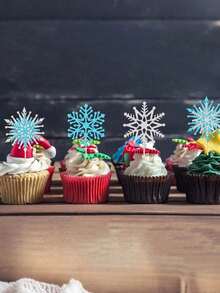 1-12pcs Shiny Snowflake Shaped Cupcake Toppers, Icy Winter Theme Cupcake Decorations, Snowy Wonderland Birthday Cake Decor, Christmas Party Supplies, Blue & Silver - Multicolor - View 4