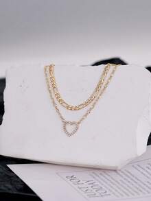 2pcs/Set Kalung Liontin Berbentuk Hati Tembaga Elegan dengan Batu Zirkonia Kubik, Cocok Dipakai Berlapis, Hadiah untuk Pacar di Hari Valentine - Yellow Gold - View 4