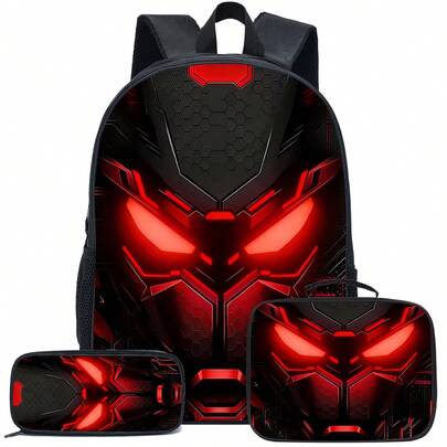 3pcs Cyberpunk Casual Backpack Set, Heavy Duty Polyester 16.5" School Backpack, Laptop Sleeve & Accessory Pouch, Adjustable Padded Shoulder Straps & Reinforced Zippers, Suitable For Work, Travel, Gaming - Fashionable Unisex Backpack, Ideal Gift (Durable & Lightweight) - Includes Laptop Compartment