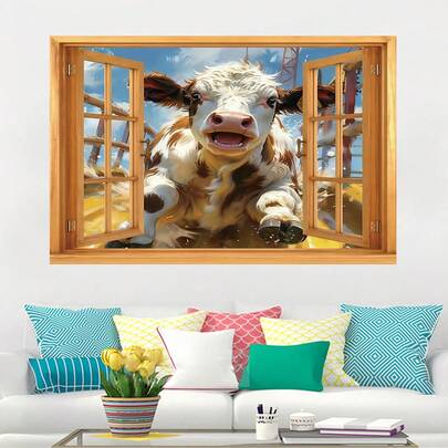 1pc 3D Window View Highland Cow Pattern Home Decor Wallpaper, Farm Style Highland Cow Digital Print Wallpaper Suitable For Living Room, Bedroom, Study, Dorm Wall, Ceiling Decoration, Removable Self-Adhesive Waterproof Vinyl PVC Seasonal Decorative Sticker, Ideal For DIY Enthusiasts