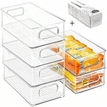 Stackable Refrigerator Organizer Bins, 6 Pack Clear Kitchen Organizer Container Bins With Handles And 20 PCS Plastic Bags For Pantry, Cabinets, Shelves, Drawer, Freezer - Food  ,   10"L - Default - View 1