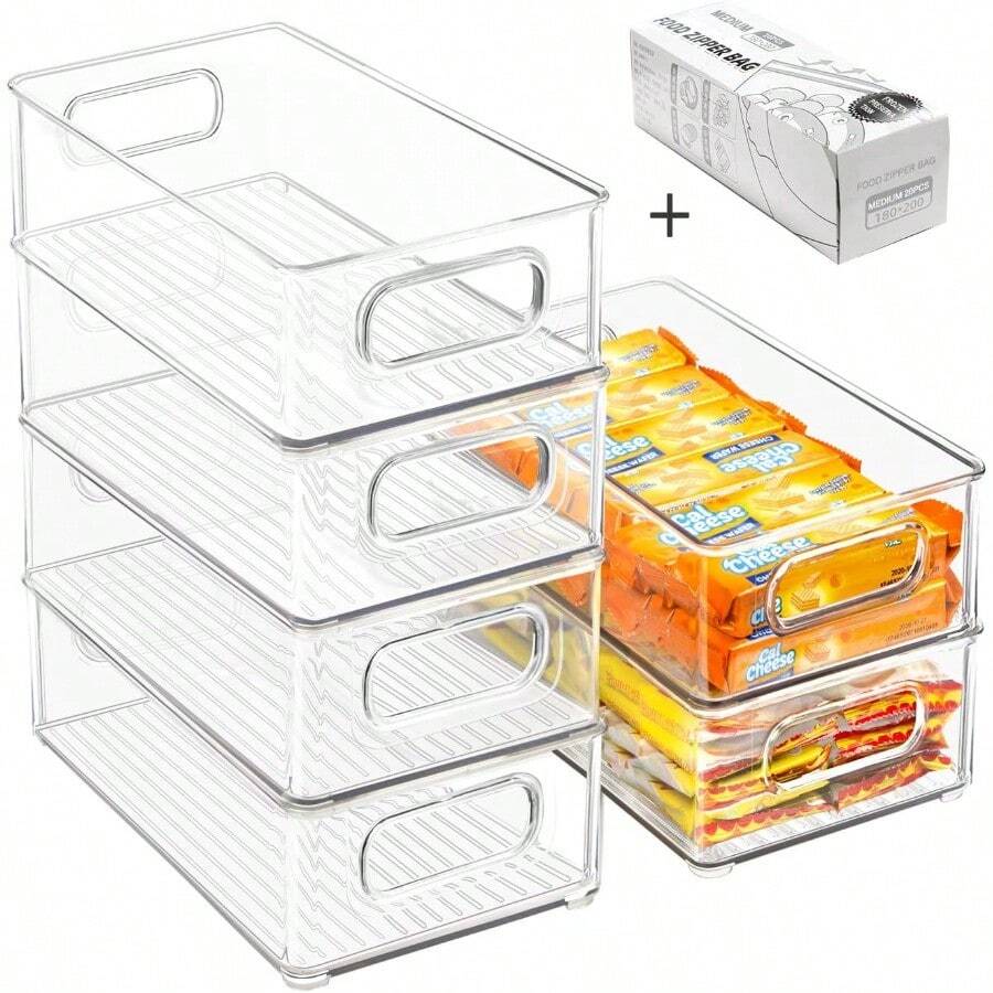 Stackable Refrigerator Organizer Bins, 6 Pack Clear Kitchen Organizer Container Bins With Handles And 20 PCS Plastic Bags For Pantry, Cabinets, Shelves, Drawer, Freezer - Food , 10"L - Default - View 1