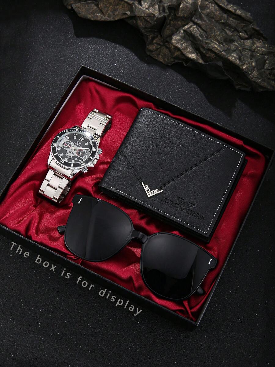 男士时尚奢华腕表三件套+时尚钱包，完美派对/节日礼物 - 彩色 - 查看 1