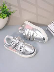 Kids White Shoes 2026 Spring & Autumn New Boys' Sports Shoes, Girls' Casual Sneakers, Soft Bottom Toddler Shoes, Hook And Loop, Breathable, Student Leather Shoes, Lightweight Running Shoes - Silver - View 3