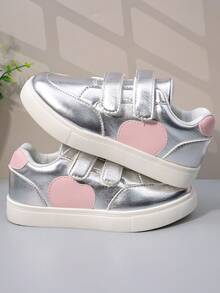 Kids White Shoes 2026 Spring & Autumn New Boys' Sports Shoes, Girls' Casual Sneakers, Soft Bottom Toddler Shoes, Hook And Loop, Breathable, Student Leather Shoes, Lightweight Running Shoes - Silver - View 7