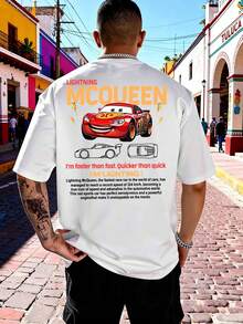 Disney Camiseta de algodón puro para hombre con patrón de Rayo McQueen de Cars nuevos 2026, camiseta unisex de manga corta holgada, cómoda, suave y transpirable, adecuada para uso diario, salidas, viajes diarios, vacaciones, fiestas y más. - Blanco - Ver 3