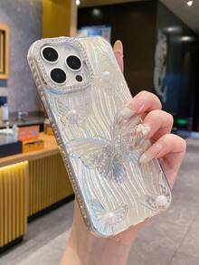 极简主义水钻镜片3D仿珍珠蝴蝶手机壳，兼容 16/15/14/13/12/11 - 銀色 - 查看 4