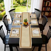 5/7pcs Ramadan Table Runner (33*183cm) + Placemat (30*45cm), Linen Washable Kitchen Dining Table Decor, Suitable For Home, Outdoor, Holiday, Party, Hotel, Chinese Style Tablecloth, Plate, Food Journey, Guest Plate, Travel Set, Coaster, Kitchen Accessories