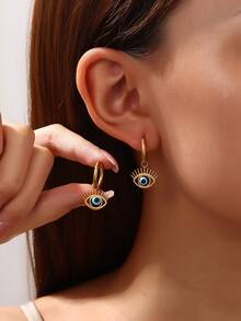 1pair Stainless Steel Evil Eye Pendant Hoop Earring For Women Fashion Turquoise Zirconia Earrings Female Jewelry - Earrings - View 3