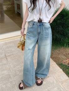 复古美式设计宽松休闲直筒高腰阔腿破洞牛仔裤 - 淺藍色 - 查看 2