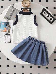 女童时尚休闲可爱套装，印花拼接无袖Polo衫+百褶休闲牛仔裙 - 白色 - 查看 2