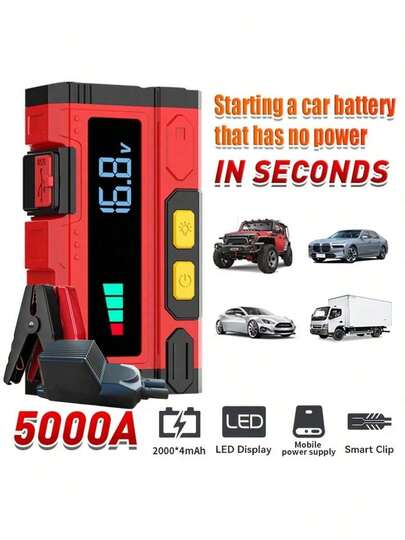 4000mAh högpresterande bärbar bilstartare - snabbladdning, 12V/5000A 10L GAS Sel bilbatteribooster, nödtändning, kompatibel med flera enheter, bilar, motorcyklar, lastbilar, stadsjeepar med nödhammare och LED-ficklampa