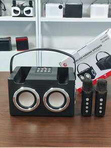 16W 双扬声器蓝牙音箱，配备 2 个无线麦克风 - 清晰的立体声和强劲的低音，2400mAh 长效电池，便携式无线音箱，是家庭聚会、户外探险（露营、徒步、海滩）、旅行、卡拉 OK 娱乐和随时随地免提通话的理想之选。 - A黑色音箱附兩支麥克風 - 查看 16
