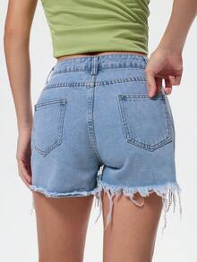 Summer Womens Rhinestones Fringe Shorts Baggy Jorts Mid-Low Rise Ripped Denim Diamond Trim Hot Short - 淺色水洗藍 - 查看 2