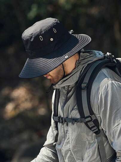 1顶男女通用速干纯色钓鱼帽，宽檐休闲户外遮阳帽，可调节搭扣可折叠大帽檐防紫外线钓鱼露营帽，西部牛仔风格遮阳帽，系带遮阳帽，徒步帽