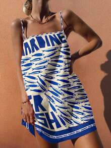 Sea Starshine Bohemian Style Beach Casual Versatile Bib Letter & Sardine Print Vacation Dress For Women, Spring/Summer - Blue - View 2