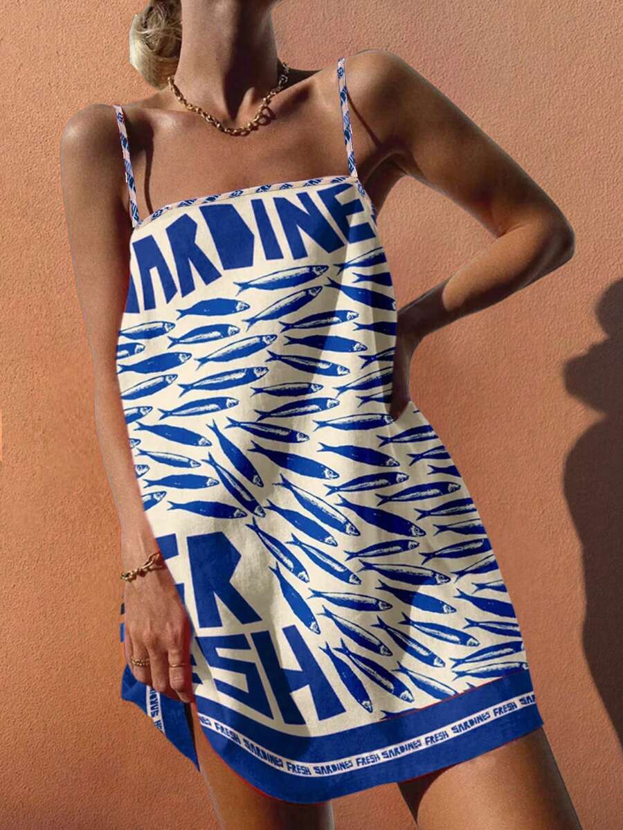 Sea Starshine Bohemian Style Beach Casual Versatile Bib Letter & Sardine Print Vacation Dress For Women, Spring/Summer