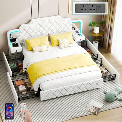 Upholstered Platform Beds, LED Functional Bed With Bedside Tables, Directional Lamp And Charging Station, 4ft6 Double Bed Frame With Wide Headboard & Metal Slats, Velvet, White, No Mattress