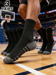 3 Pairs Basketball Socks For Men, Tall Crew Length, Non-Slip, Cushioned, Durable Athletic Socks, Black, For Gym, Fall - Black - View 7