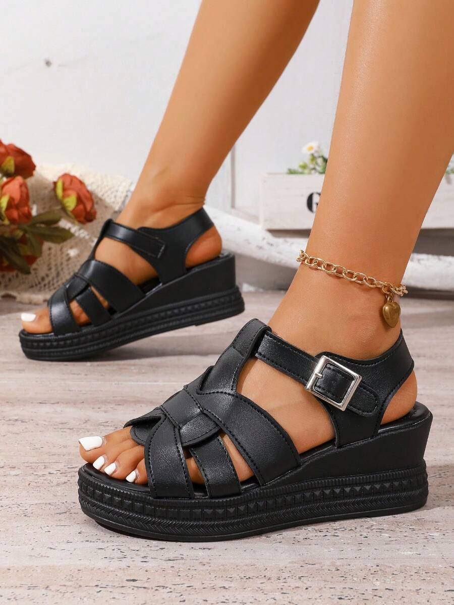 Sandal nữ màu đen thời trang mới, thoải mái, mũi tròn, hở mũi, quai chéo bằng chất liệu PU, kiểu dáng đơn giản, thích hợp cho hoạt động ngoài trời, đi biển, đế dày, đa năng cho mùa hè. - màu đen - Xem 1