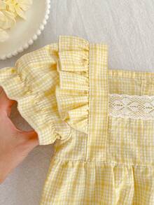 夏季新款韩版女童蕾丝领格子连衣裙，女童公主裙 - 黃色 - 查看 4