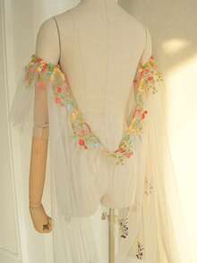 2m Long Romantic & Elegant Colored Applique Bridal Shawl - sữa - Xem 4