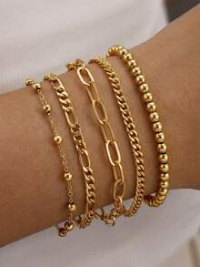 5pcs Elegant Gold-Plated Stackable Bracelets, Minimalist & Cute Jewelry For Women - Gold 5-pack - View 7